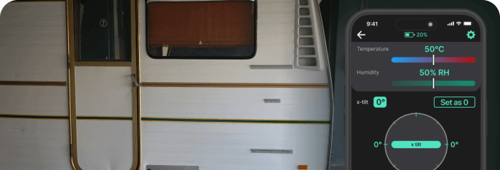 LevelTag leveling device with mobile app showing temperature, humidity, and tilt data for caravan alignment accuracy