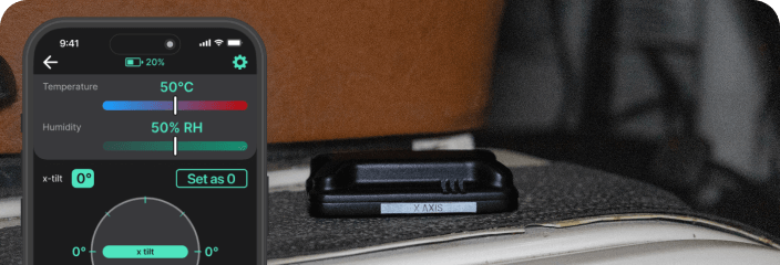 LevelTag leveling sensor with mobile app showing temperature, humidity, and tilt calibration for accurate measurement