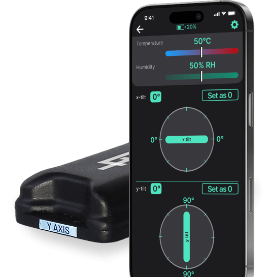 LevelTag sensor with mobile app showing tilt measurement, temperature and humidity monitoring for accurate leveling