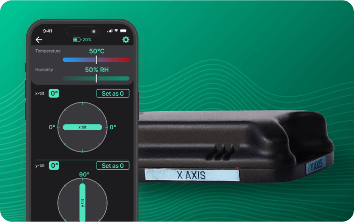 Leveltag sensor with mobile app displaying temperature, humidity, and tilt monitoring on X and Y axis in real time