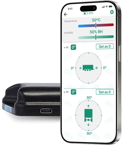 LevelTag sensor with mobile app showing tilt measurement, temperature and humidity monitoring for accurate leveling