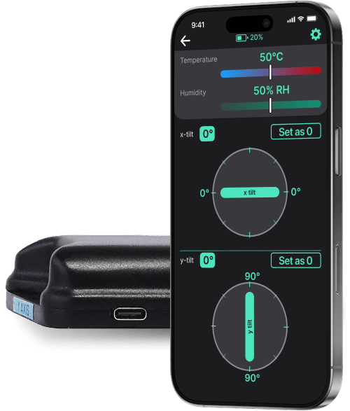 LevelTag smart leveling sensor with mobile app showing real-time tilt, temperature, and humidity monitoring for accuracy