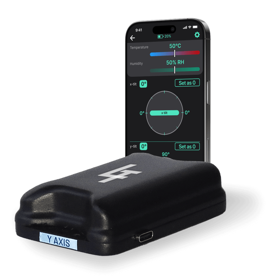 Leveltag smart sensor device with mobile app showing tilt, temperature, and humidity monitoring in real time