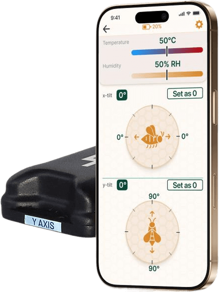 Smart beehive monitoring device and mobile app displaying temperature, humidity, and tilt sensor data for hive management.